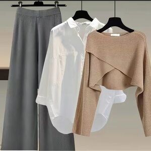 NWT: 3-Piece Set: Cropped Knit Sweater w/ White Button-Up & Wide-Leg Pants
